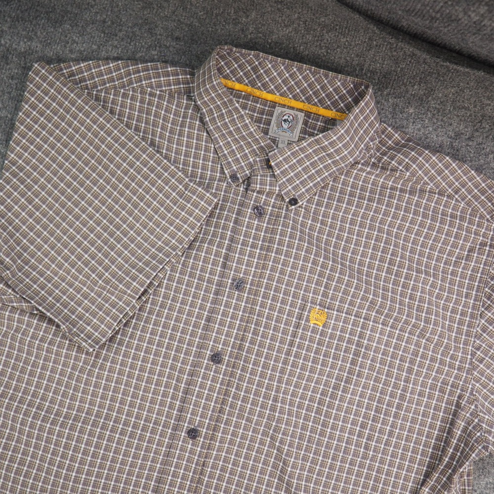 Cinch Shirt Mens XL Button Down Brown Plaid Short Sleeve Western Cowboy Rodeo